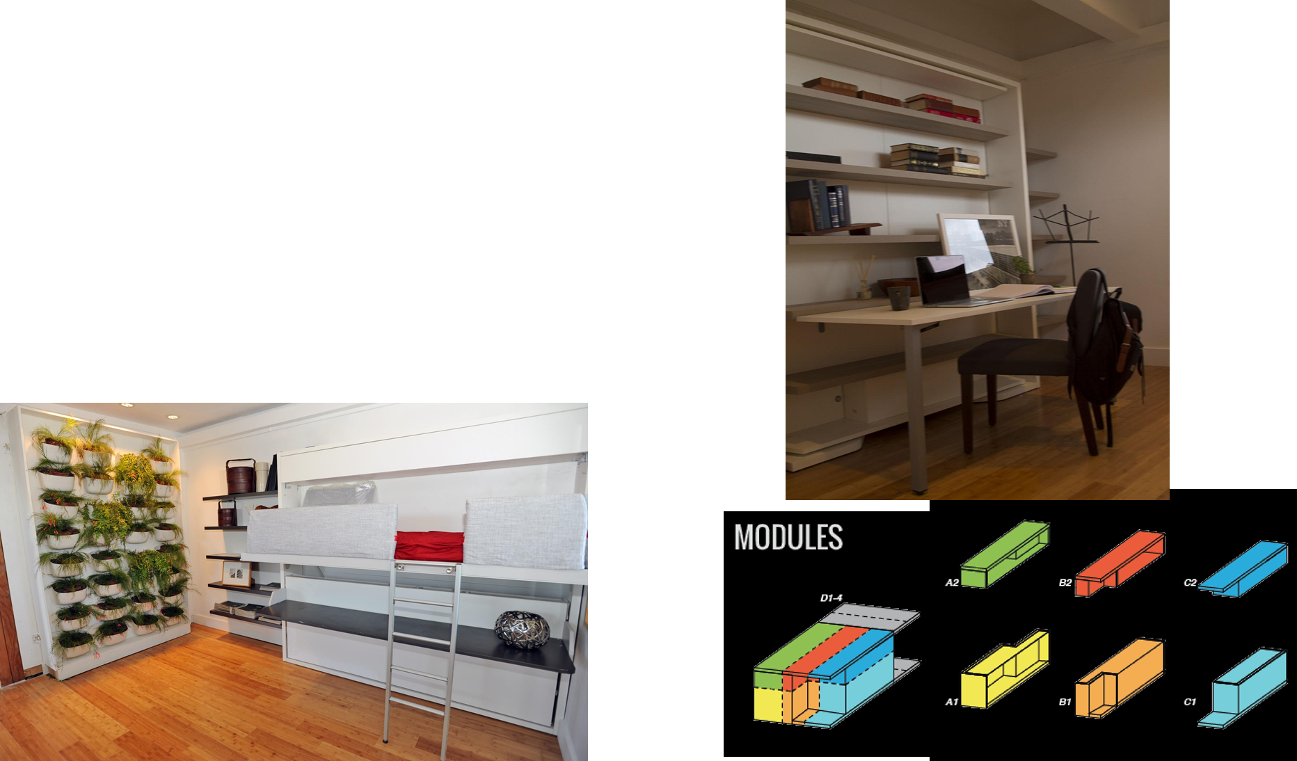 Interior photos of the fold-down desk and murphy bed with living wall, plus a diagram of the home's interchangeable furniture modules labeled A1, A2, B1, B2, C1, C2, and D1-4