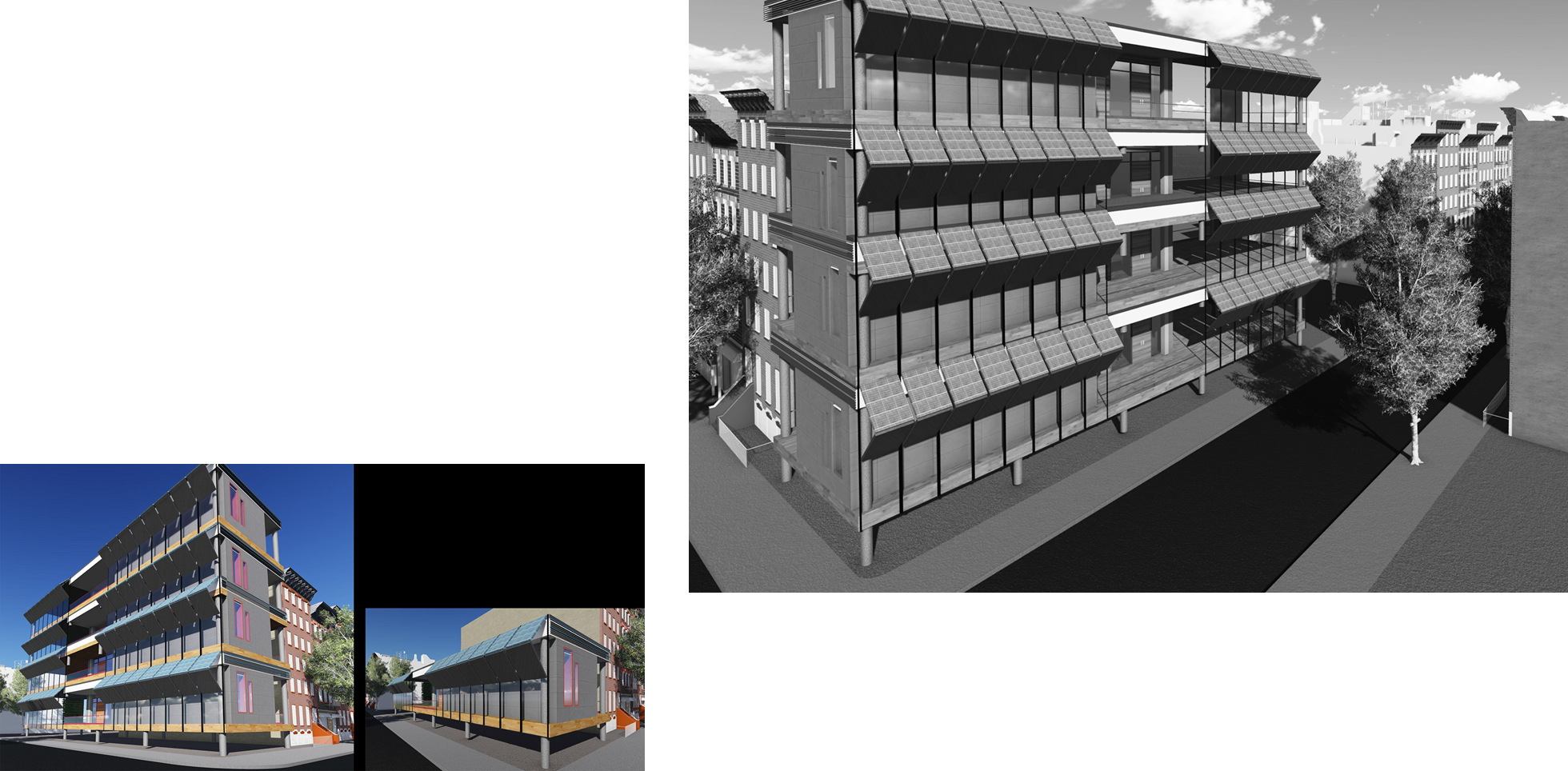 Renderings of the four-story DURA building with a vertical solar panel array on its south-facing facade, stacked on a New York City street